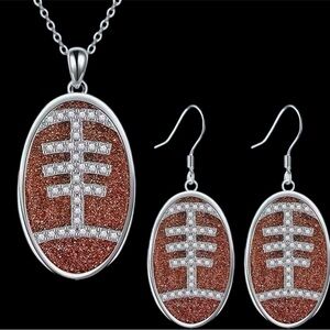 Elegant Silver and Brown Football Pendant Necklace and Earring Set